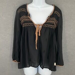 Odd Molly Blouse Top Black Embroidered Tie Peasant Long Sleeve Size 2 Bohemian